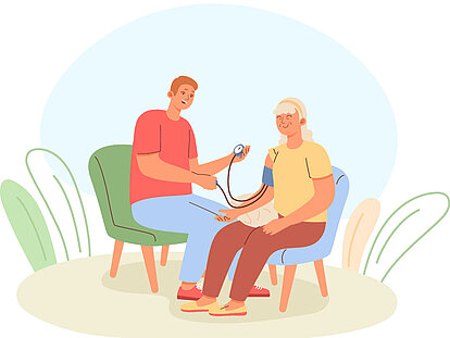 Illustration eines Pflegers der einem Patienten den Blutdruck misst