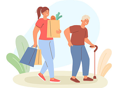 Illustration einer Pflegerin, wie Sie die Einkäufe eines Patienten trägt