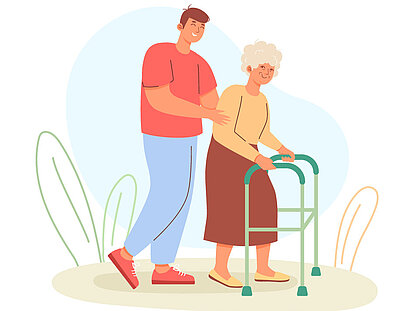 Illustration eines Pflegers der einer älteren Patientin beim laufen hilft